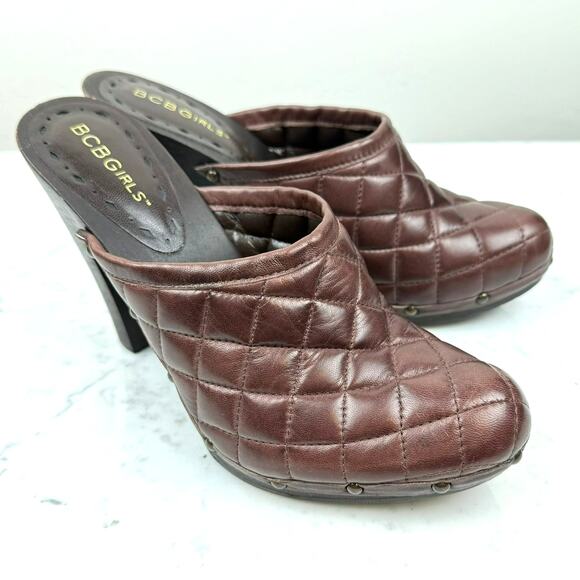 BCBGirls Quilted Brown Leather Clog Heels Y2K Boho Size 6.5 BCBG - Picture 1 of 10